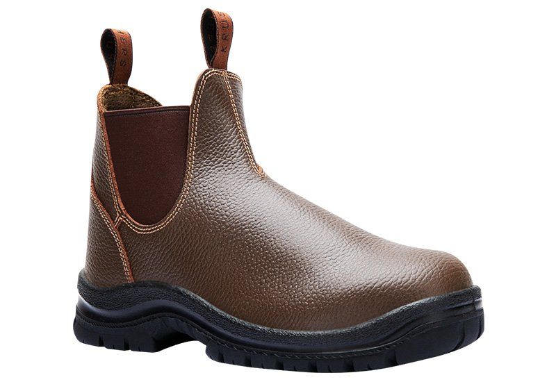 A pair of brown safety boots on a white background.