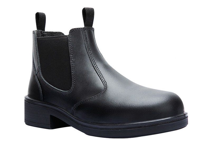 A pair of black safety boots on a white background.