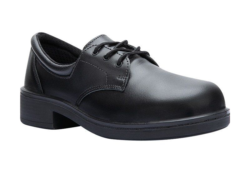 A pair of black shoes on a white background.