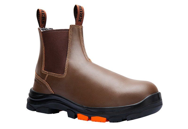 A pair of brown safety boots on a white background