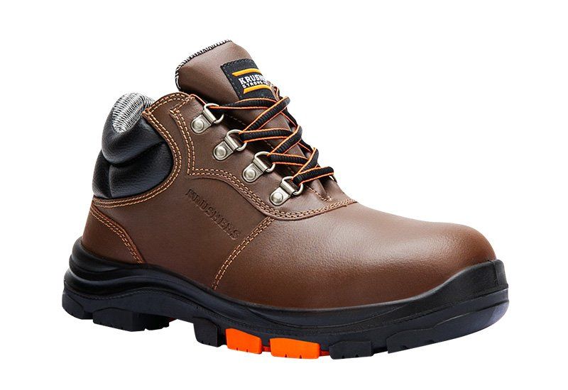 A pair of brown and black safety boots on a white background.
