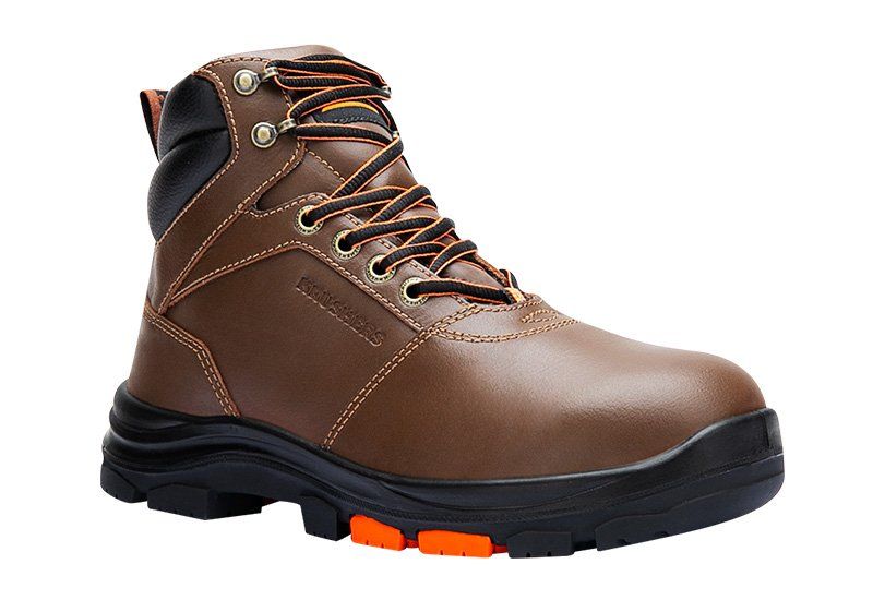 A pair of brown and black safety boots on a white background.