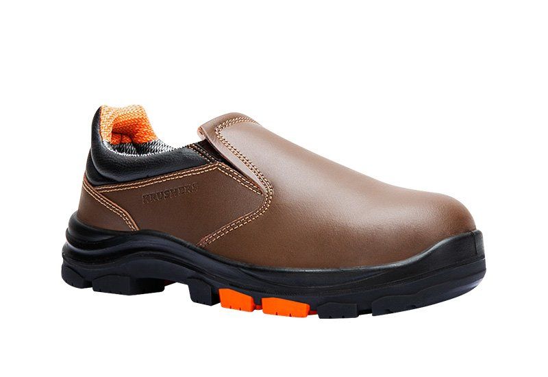 A pair of brown and black safety shoes on a white background.