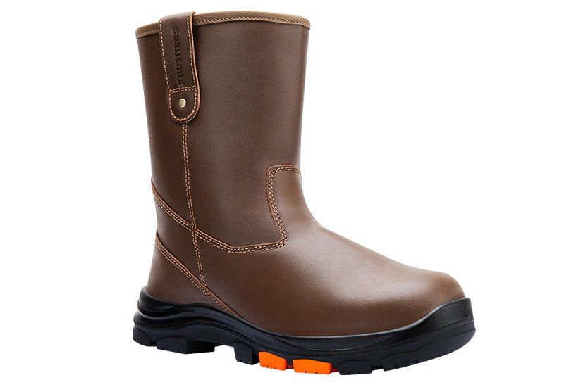 A pair of brown boots with orange soles on a white background