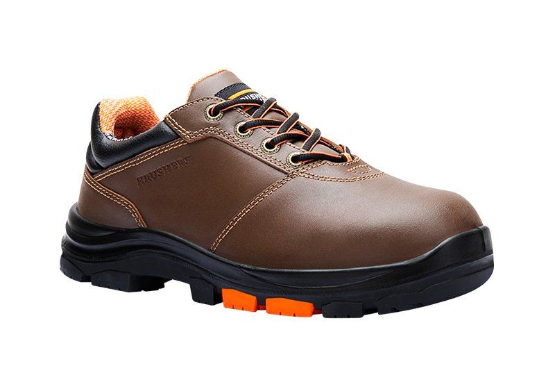 A pair of brown and black safety shoes on a white background.