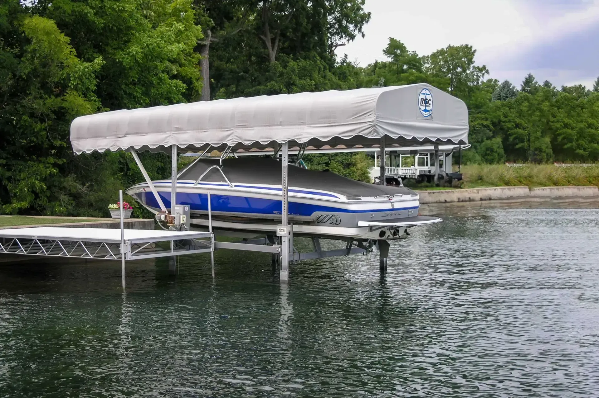 Dock with a blue boat