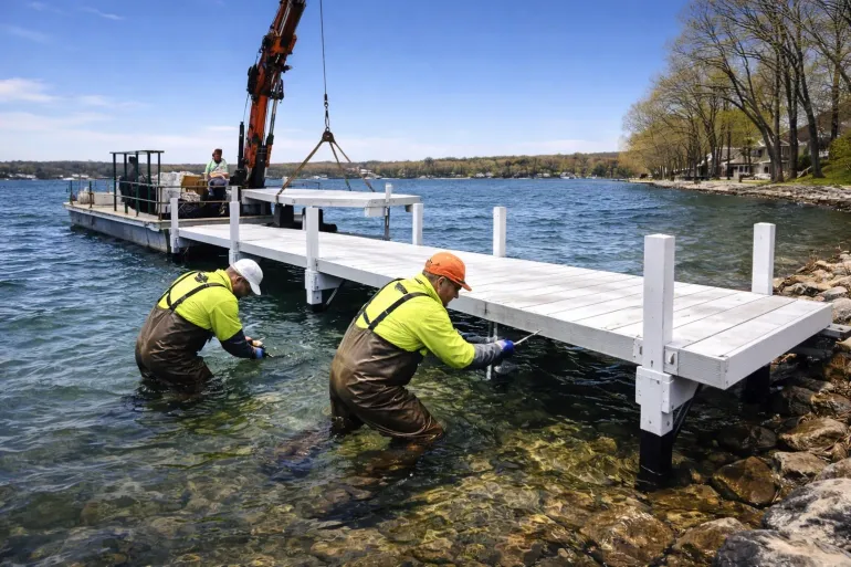 Two workers in waders and safety gear install a white wooden dock into a lake, supported by a crane on a barge nearby.