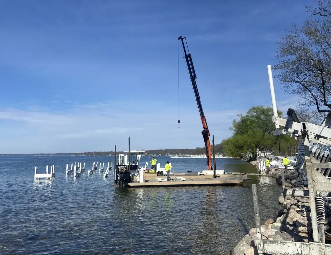 Docks are being assembled on the lake