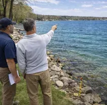Two people stand on a grassy lakeshore, one pointing toward the water, with a survey marker visible on the rocky bank.