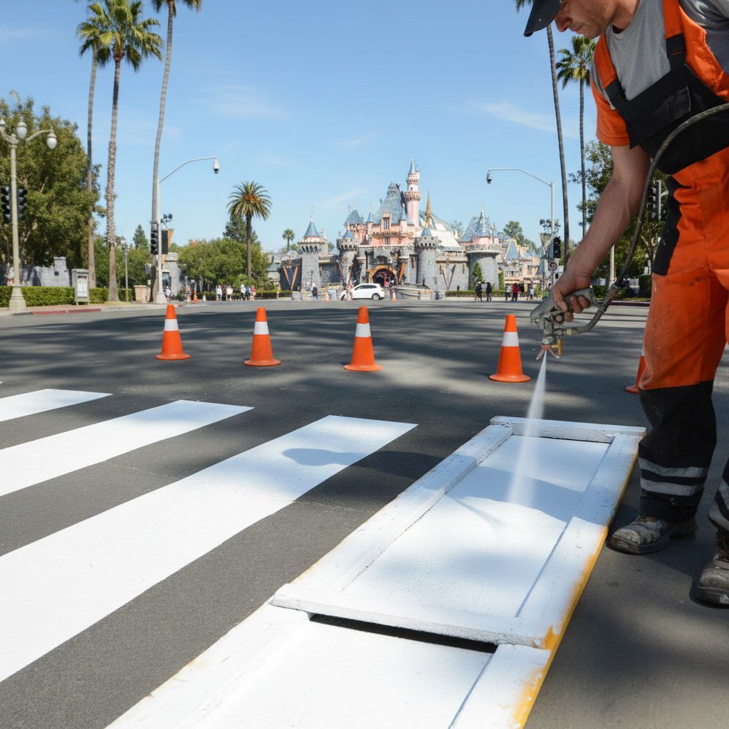 Crosswalk striping in Anaheim CA with fresh white lines and traffic cones for pedestrian safety