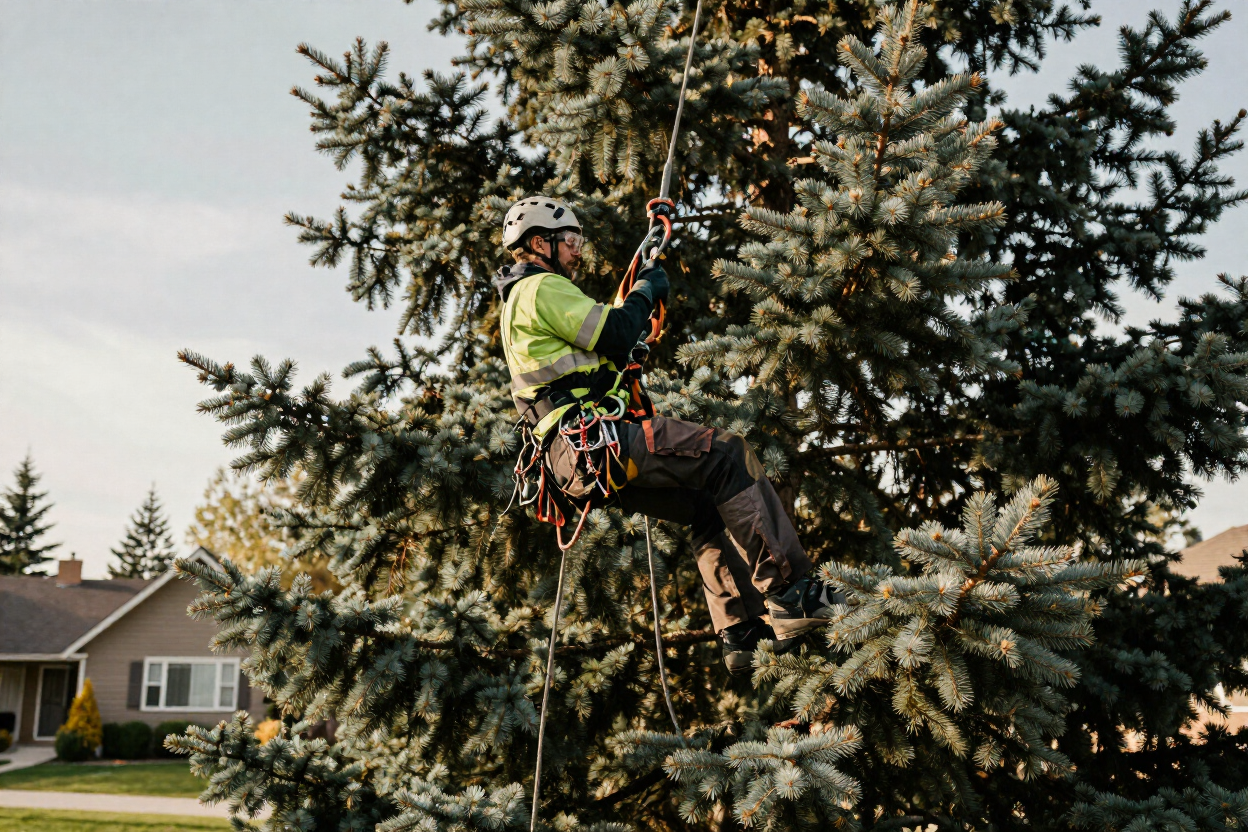 Worker trimming a tall evergreen tree with climbing gear and chainsaw.