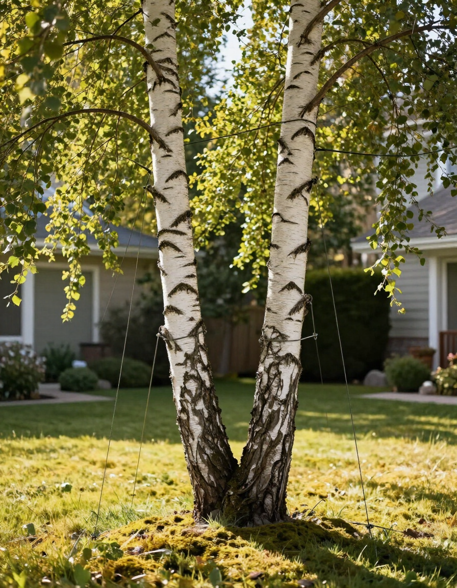 Big Rock Tree Service cabling installed on co-dominant birch tree, Okotoks property.