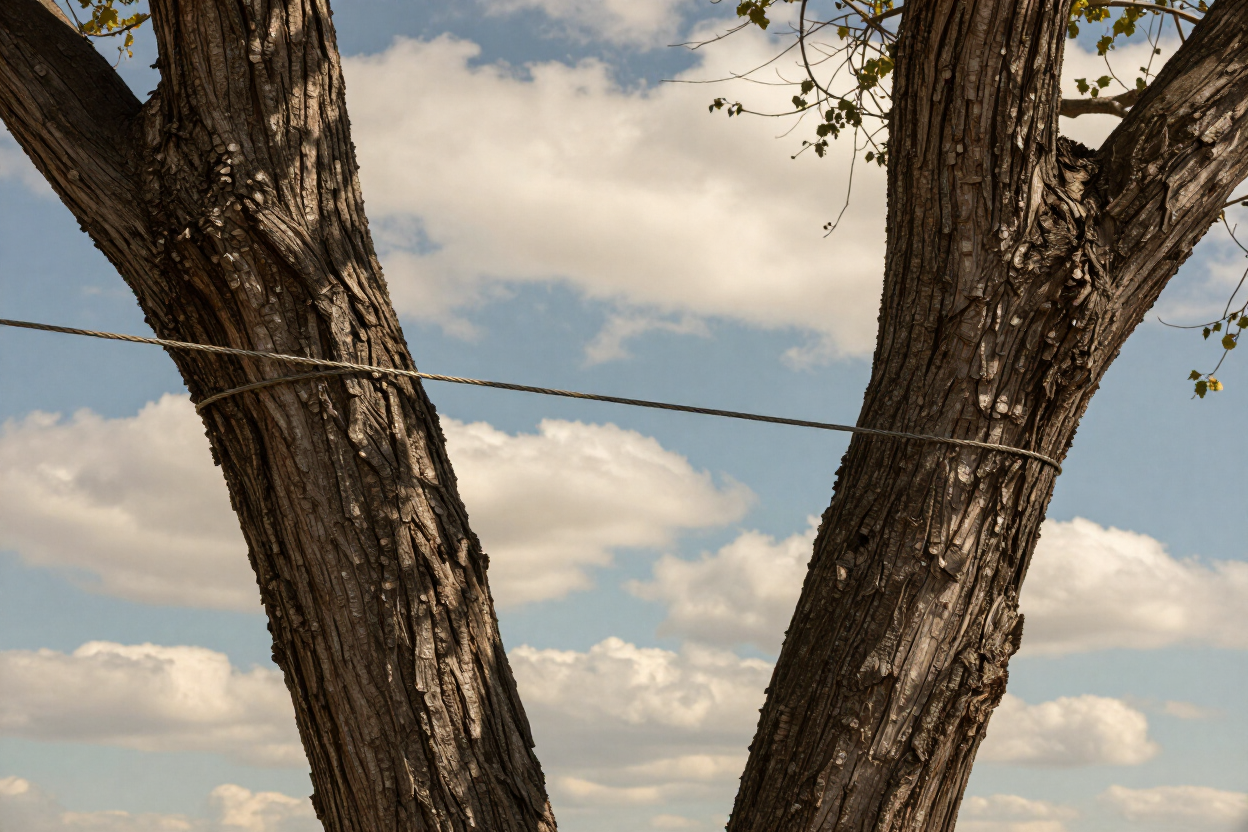 Two tree trunks framing a cloudy blue sky with a wire overhead