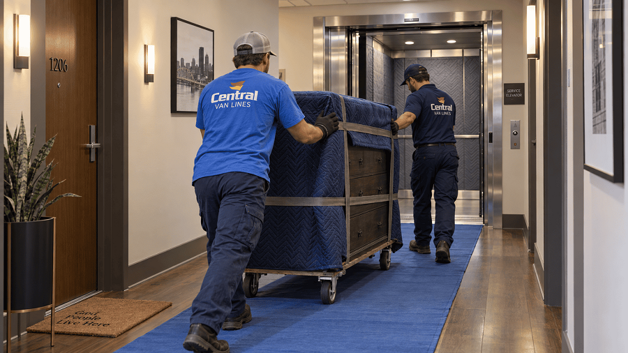 Movers rolling a padded dresser through a narrow Pittsburgh apartment hallway with floor runners.