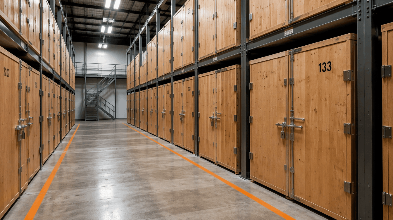 Rows of wooden containerized storage vaults in a climate-controlled moving warehouse