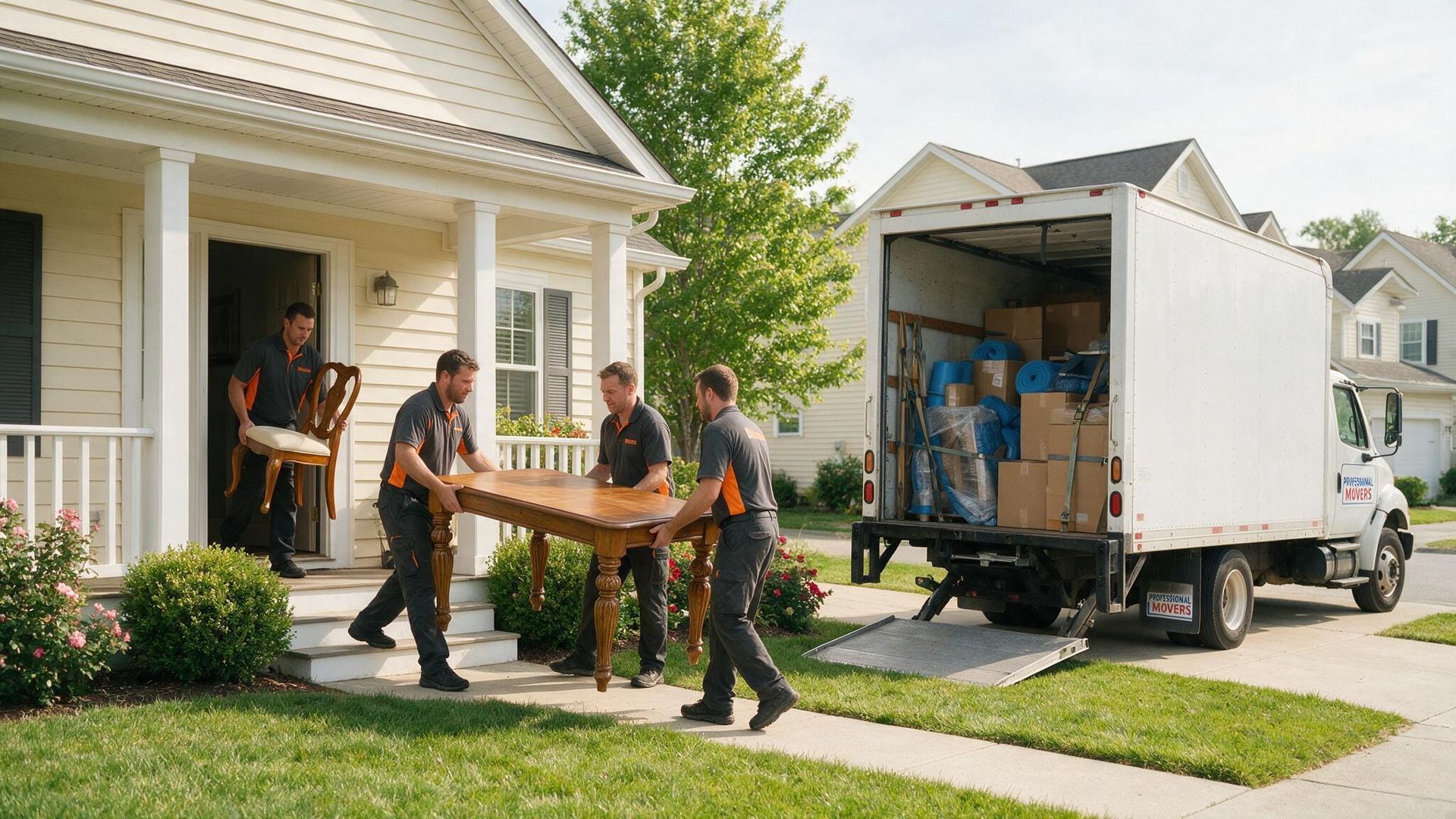Moving crew carrying a wooden dining table from a home to a delivery truck