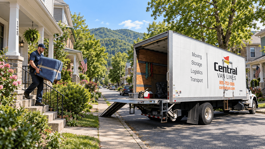 Mover carrying wrapped furniture down porch steps of a home in Huntington, West Virginia.