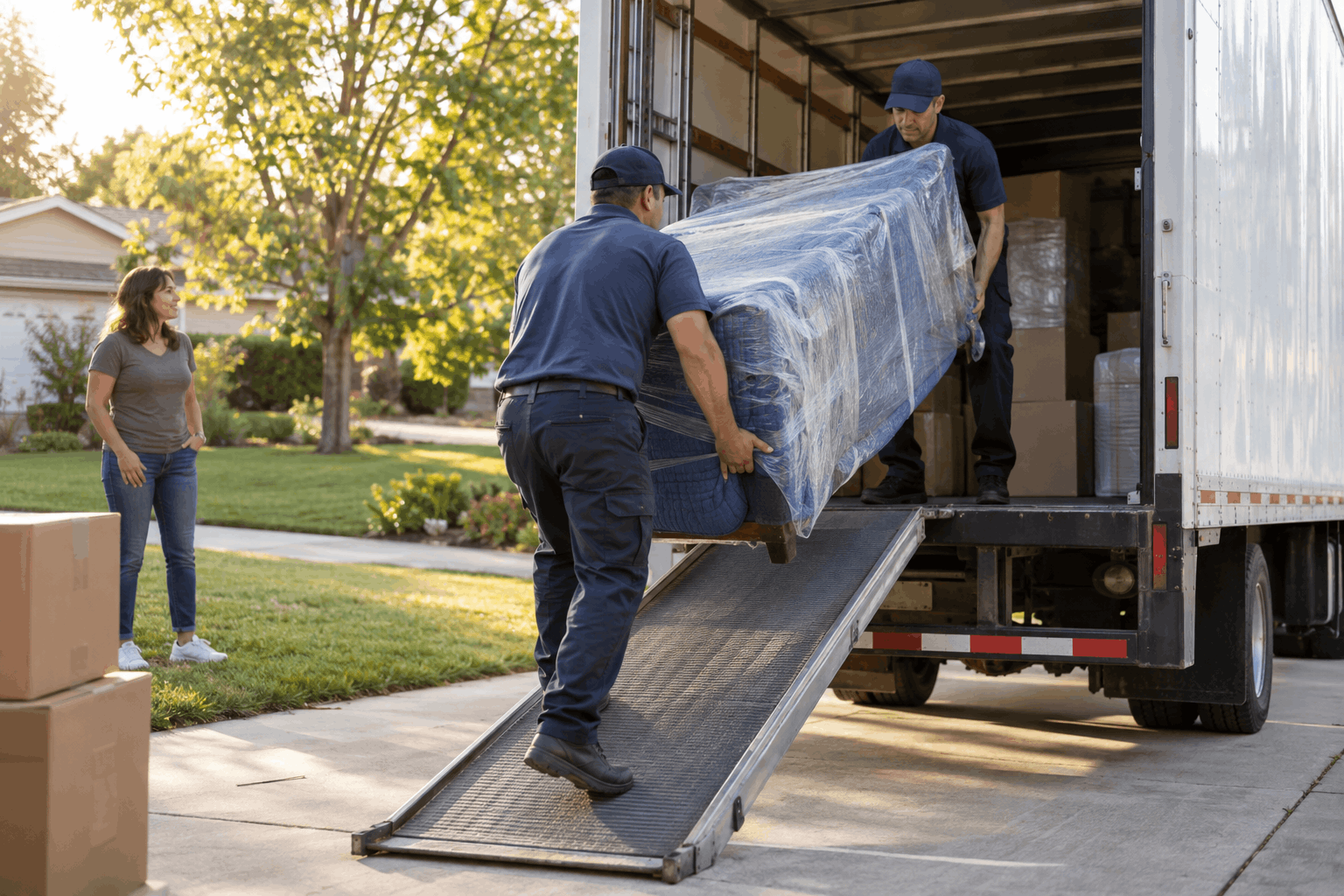 Movers load a white long-distance truck outside a suburban home during a Central Van & Storage inter