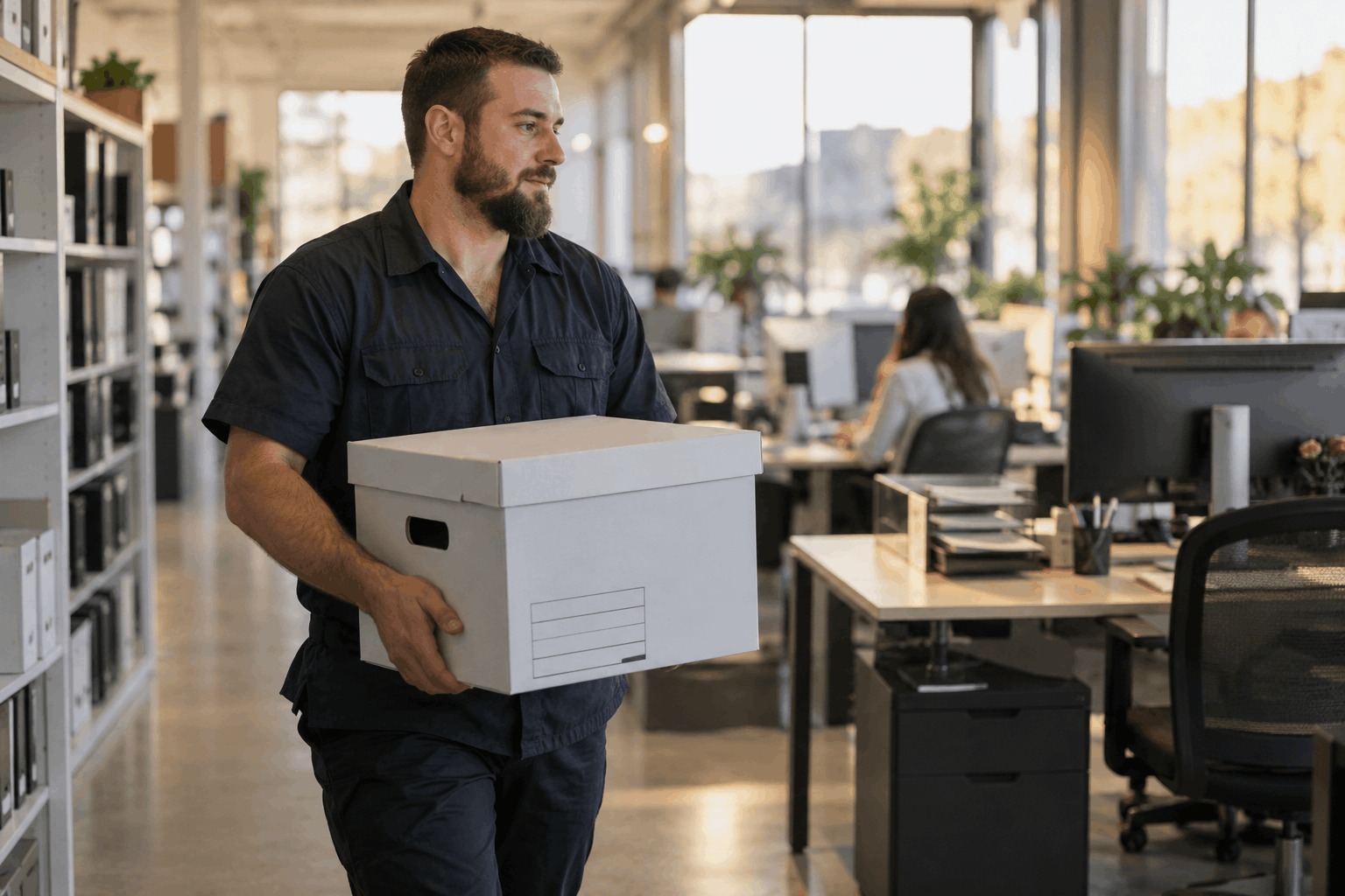 A mover carries a sealed box through an office during a Central Van & Storage firm relocation.