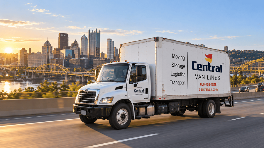Central Van Lines truck heading out of Pittsburgh on an interstate during a long-distance move.