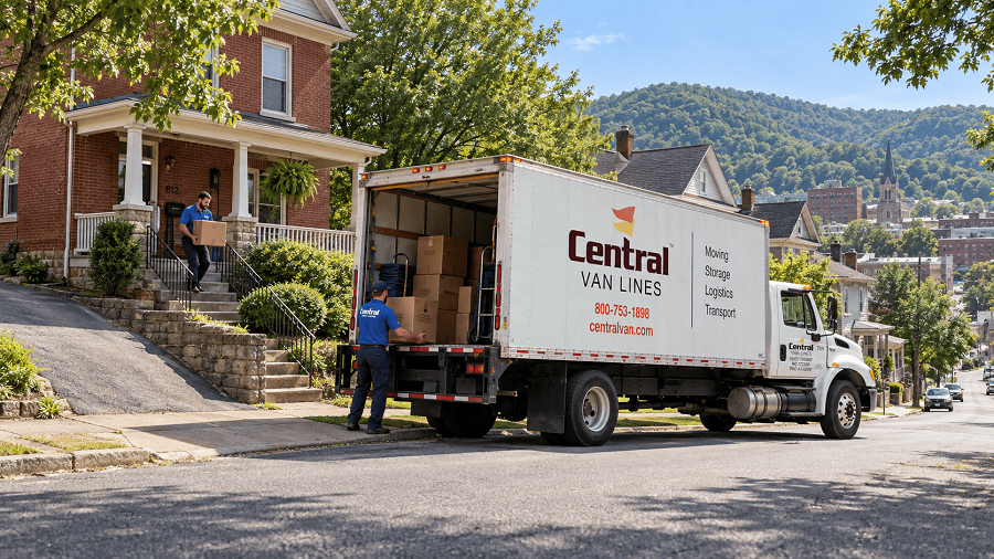 Moving crew loading boxes from a brick home on a hilly street in Clarksburg, West Virginia.