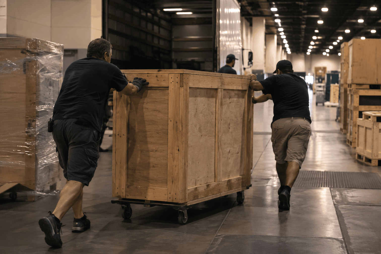 A crew moves a crated exhibit display on a dolly at a venue during a Central Van & Storage delivery.