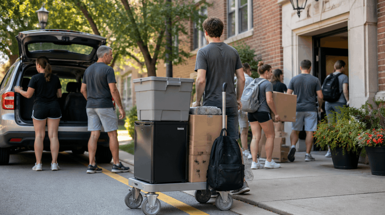 Students unloading boxes, totes and a mini-fridge from a car outside a university residence hall on