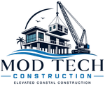 Mod Tech Construction logo with modern coastal building and crane in blue and white