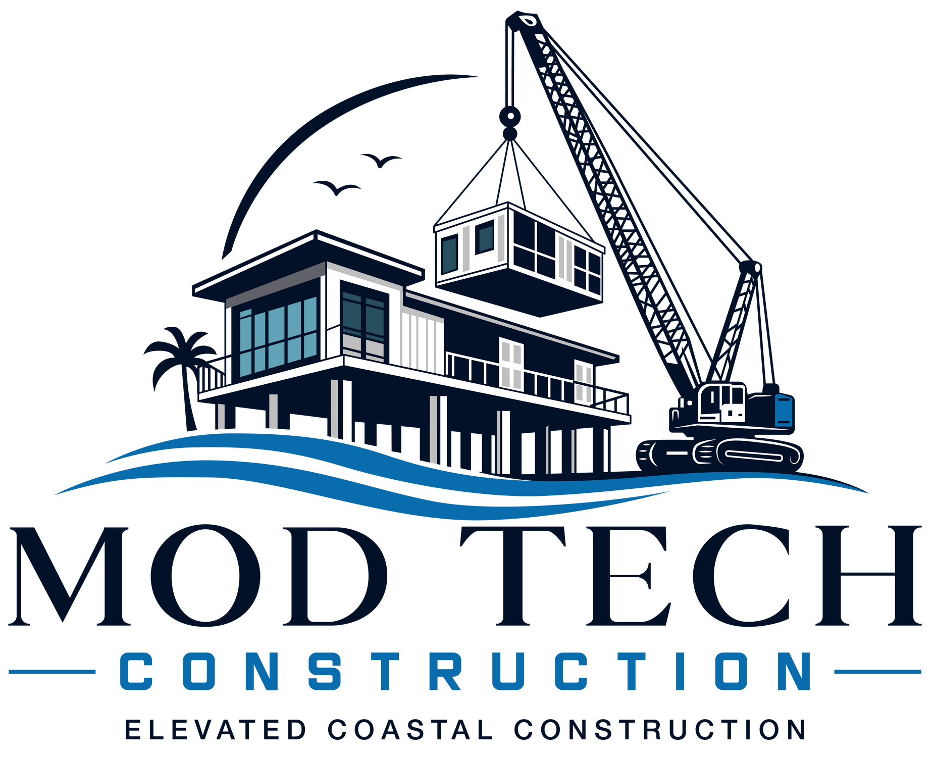 Mod Tech Construction logo with modern coastal building and crane in blue and white