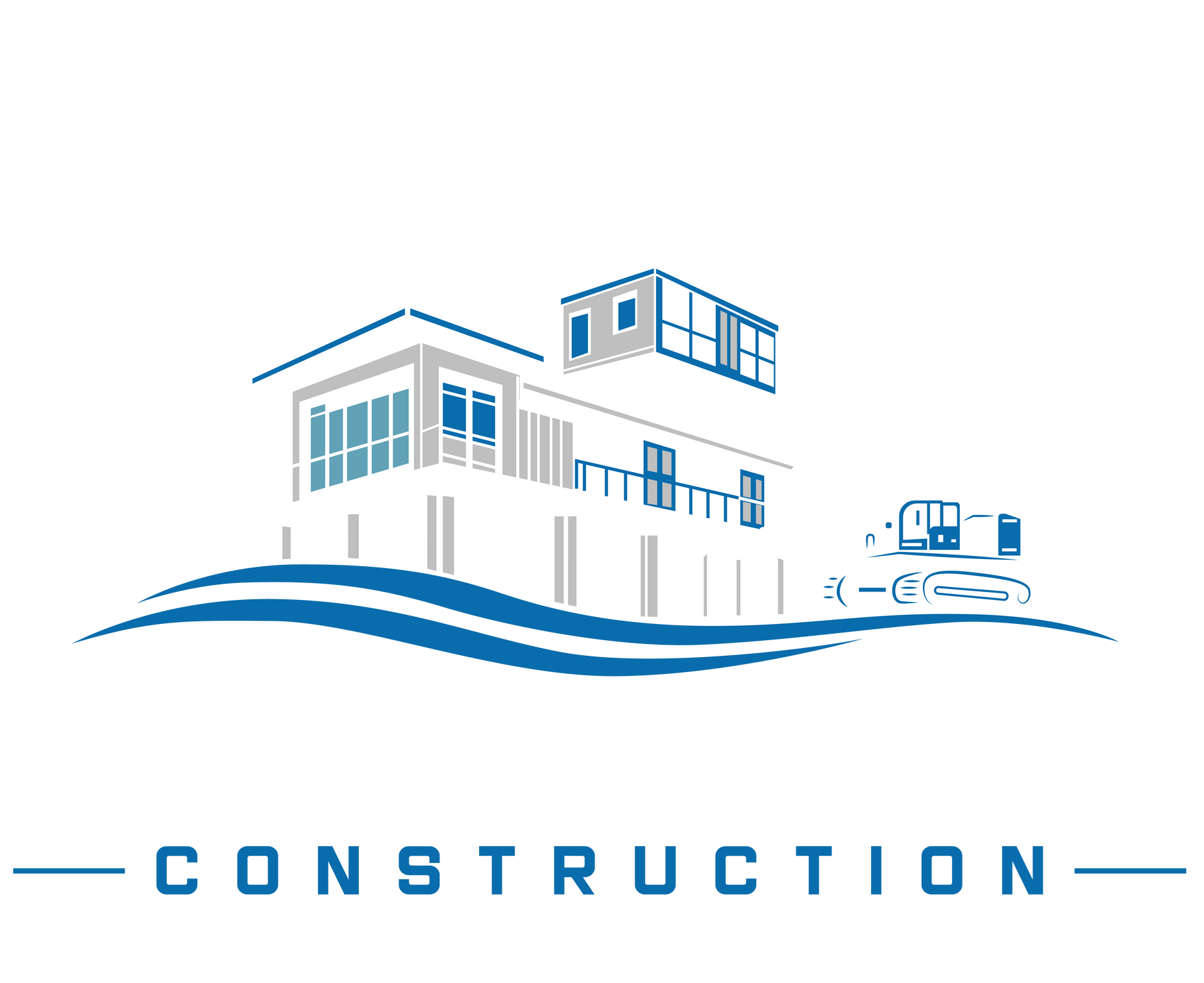 Blue construction logo with modern buildings, truck, and the word “CONSTRUCTION” beneath waves