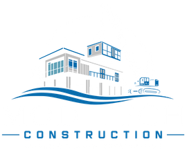 Blue construction logo with modern buildings, truck, and the word “CONSTRUCTION” beneath waves
