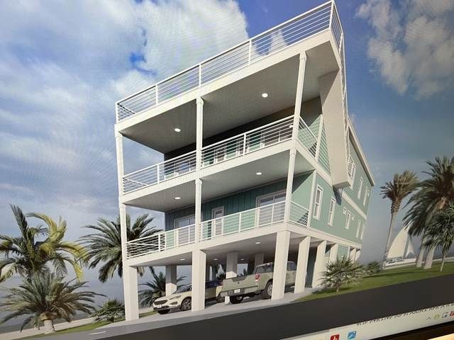 Modern white beach house with balconies and palm trees under a blue sky