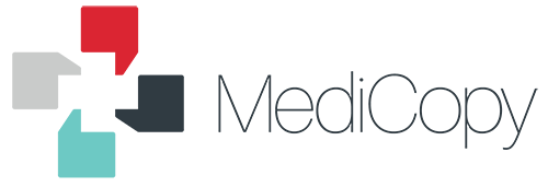 Logo for MediCopy, featuring a four-part shape in red, teal, grey, and navy, next to the company name.