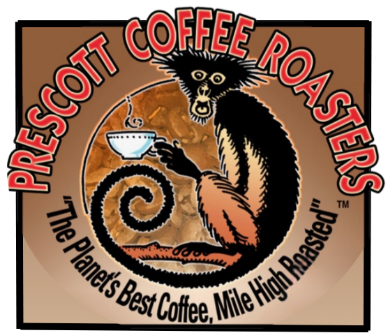 Prescott Coffee Roasters logo with black-and-tan squirrel holding a coffee cup, red arched text and slogan.
