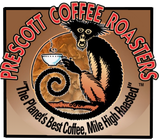Prescott Coffee Roasters logo with a black coffee-roasting monkey holding a cup and slogan text.