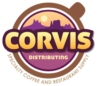 Corvis Distributing logo with purple and gold coffee cup emblem and “Specialty Coffee and Restaurant Supply” text