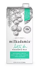 Milkadamia latte macadamia milk carton with green label and black-and-white nut illustration