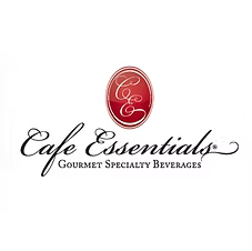 Cafe Essentials logo with red oval emblem and script text, “Gourmet Specialty Beverages”
