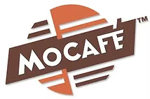 MoCafe logo in white and brown with an orange coffee cup design