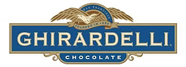 Ghirardelli Chocolate logo with gold wings and blue banner on a tan background