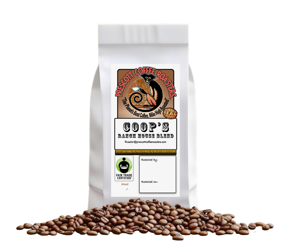 White coffee bag labeled 