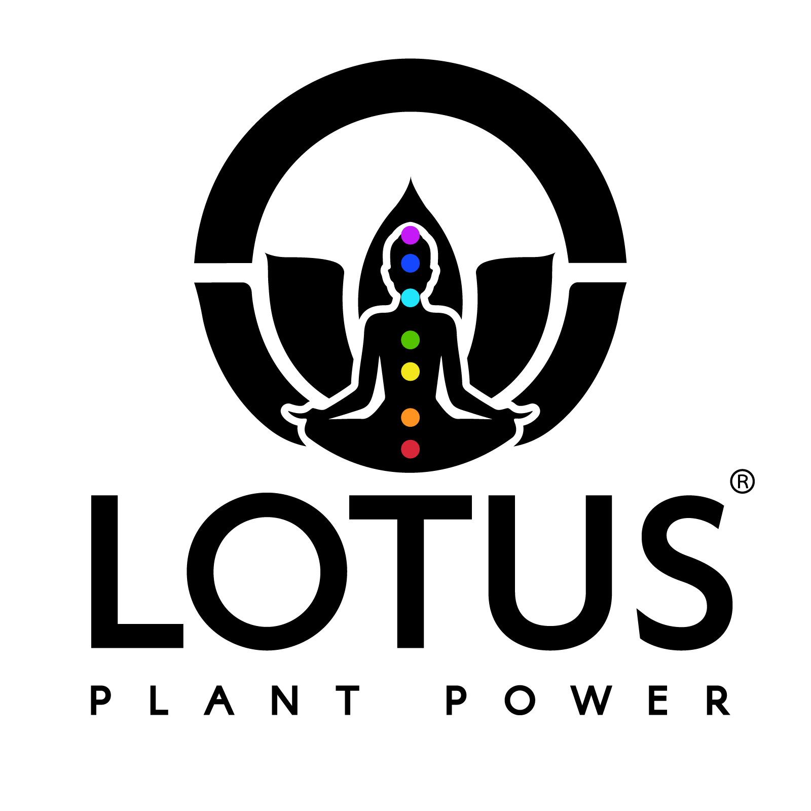 LOTUS Plant Power logo with a meditating figure and multicolored chakra dots in black and white