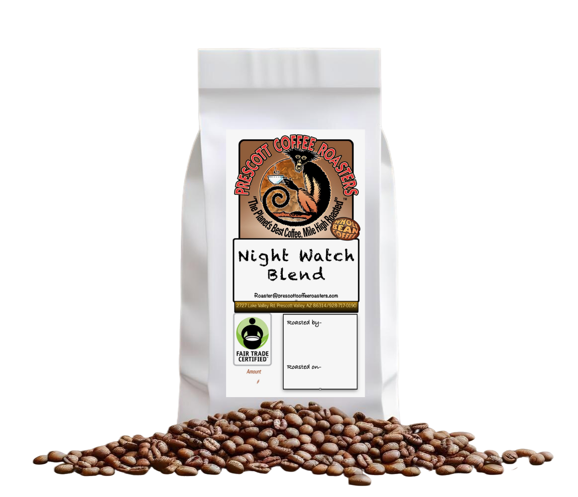 White coffee bag labeled “Night Watch Blend” with spilled coffee beans on a white background