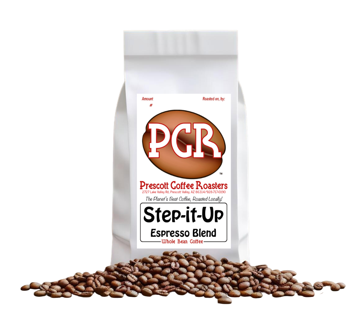 White bag of PCR Step-It-Up Espresso Blend coffee beans on a white background
