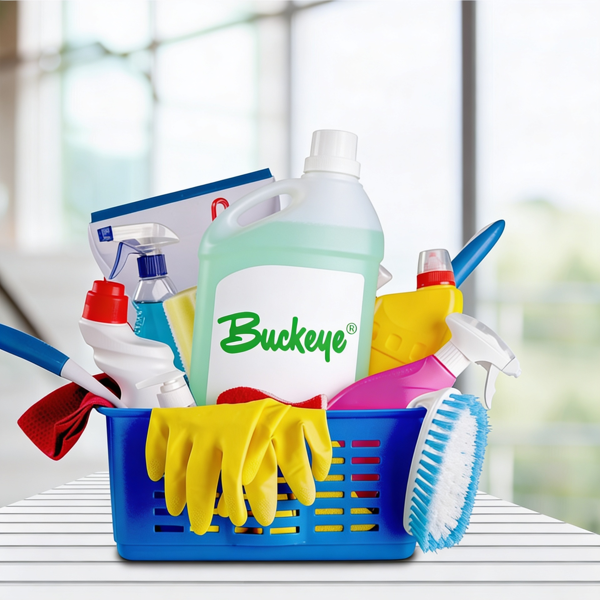 Blue cleaning caddy with sprays, gloves, brush, and Buckeye cleaner on a table