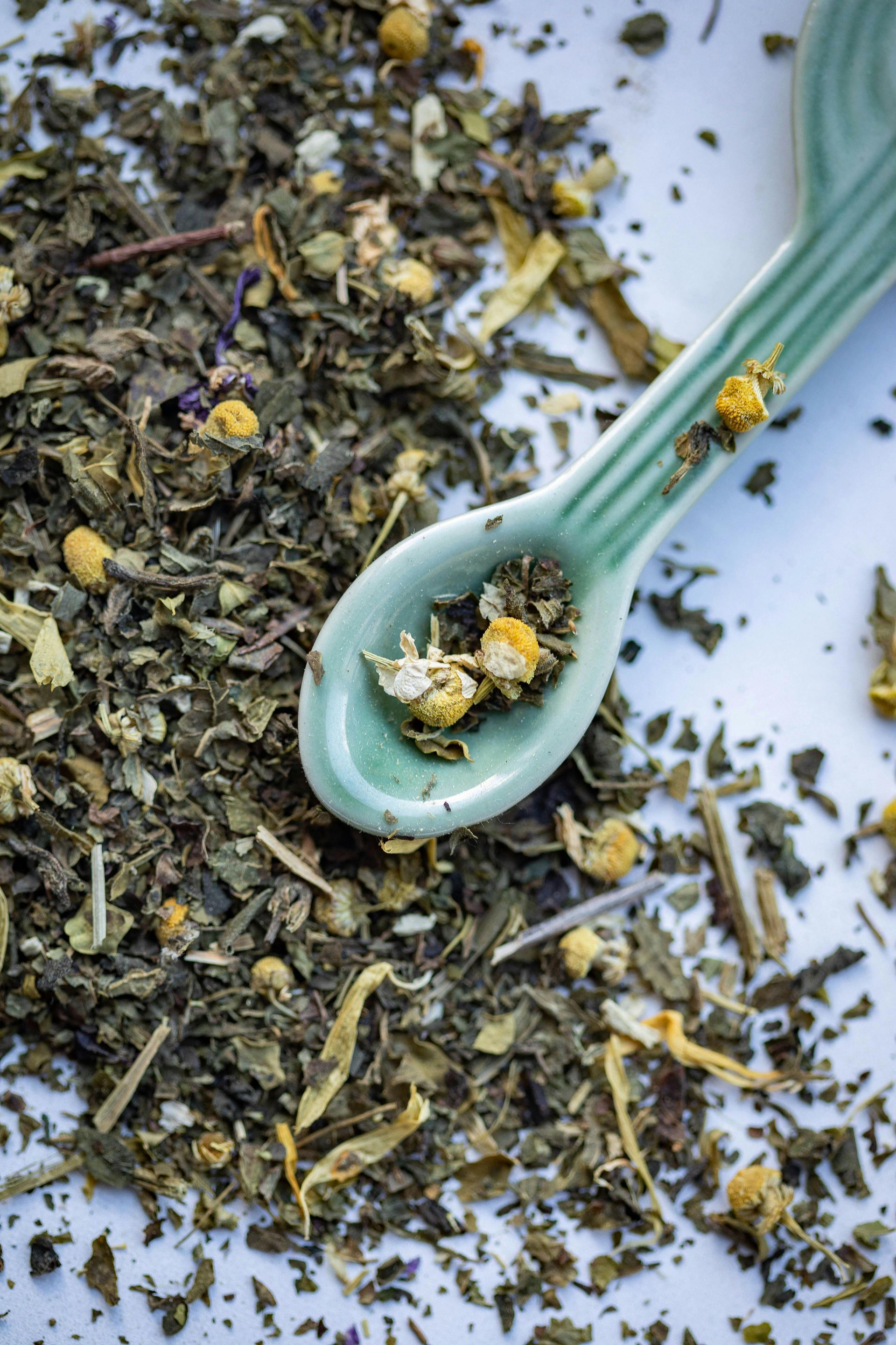 A teal spoon holding loose dried tea leaves on a light surface.