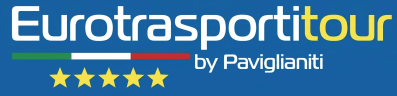 Logo Eurotrasportitour by Paglianiti con strisce rosse, blu e verdi e cinque stelle gialle
