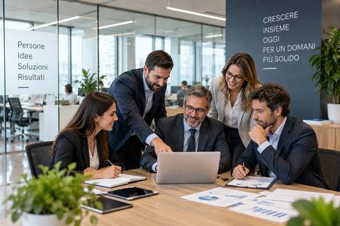 Colleghi che collaborano attorno a un computer portatile a un tavolo da conferenza in un moderno ufficio con pareti in vetro.