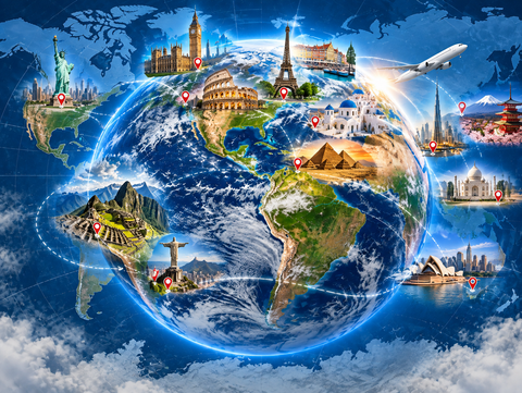 Terra splendente con monumenti globali, oceani, nuvole e aerei in un cielo azzurro brillante