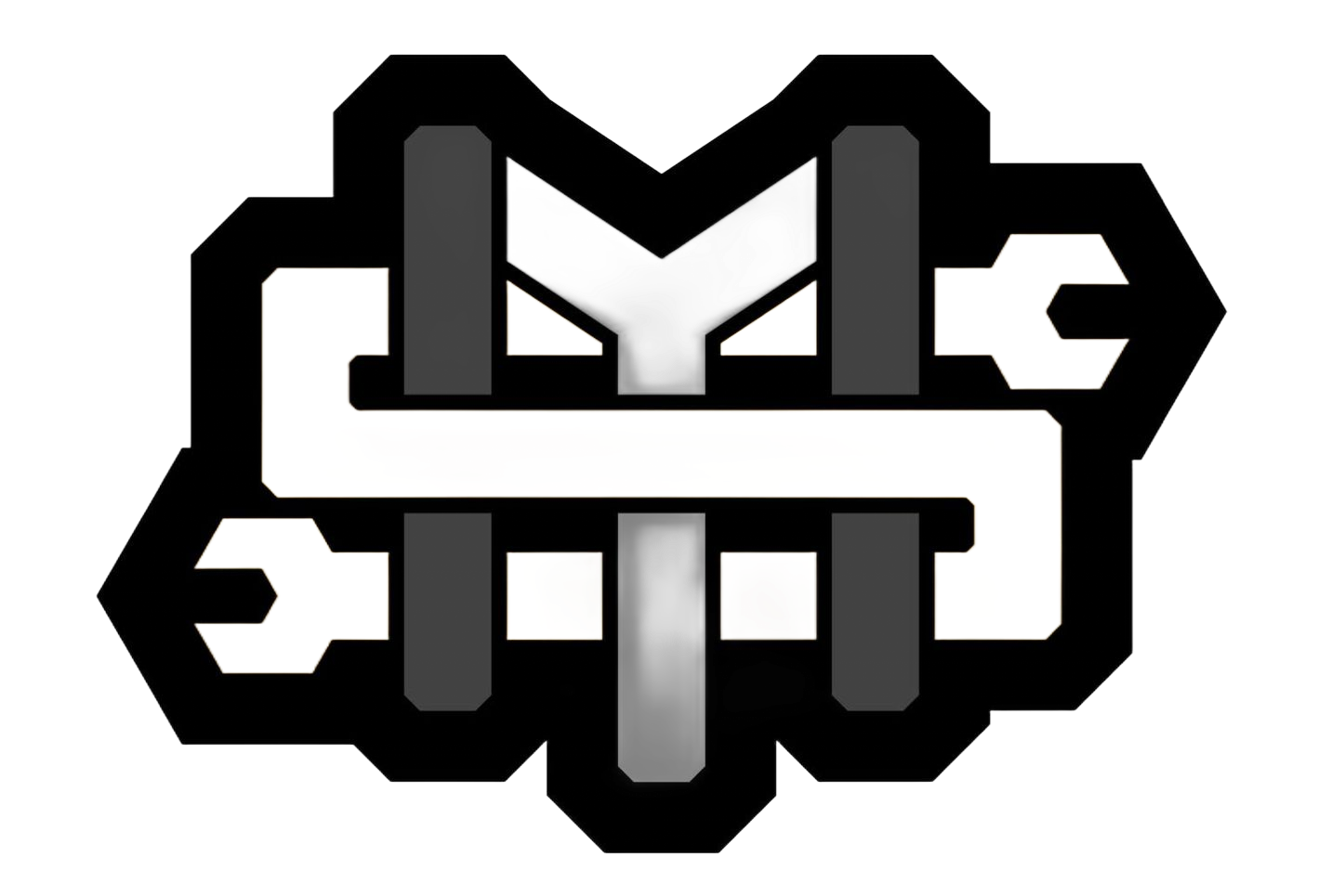 Black-and-white stylized mechanical logo with an M-shaped design and wrench-like ends